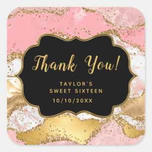 Goldene rosa Pailletten Achat Sweet Sixteen Dankes Quadratischer Aufkleber