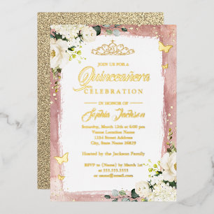 Goldene rosa Quinceanera-Blumen-Sparkling-Tiara Folieneinladung
