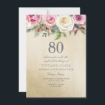 Goldene Rosa Rose 80. Geburtstag Einladung<br><div class="desc">Goldfoil Weißrosa Rose 80. Geburtstag Einladend schöne,  elegante florale Aquarell Design Vollständig anpassbar / personalisiert</div>