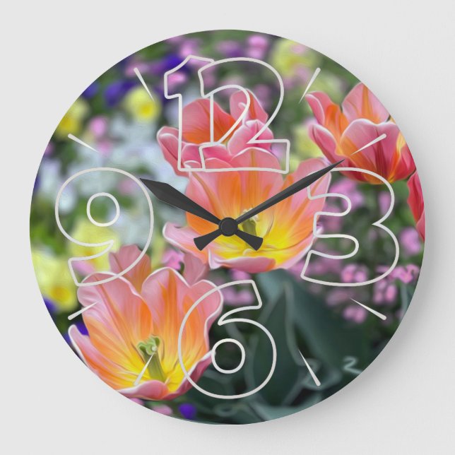 Goldene Rosa Tulpen Große Wanduhr (Vorderseite)