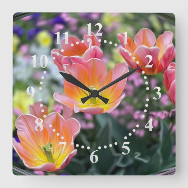 Goldene Rosa Tulpen Quadratische Wanduhr (Vorderseite)