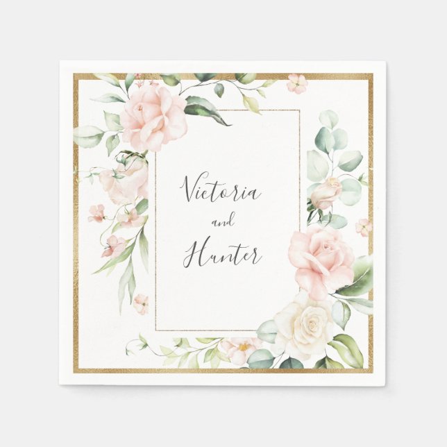 Goldene Rosa Wasserfarben Romantische Blumenhochze Serviette (Vorderseite)