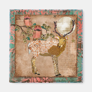 Goldene Rosa Zigeunereulen & Verzierte Hirsch-Magn Magnet