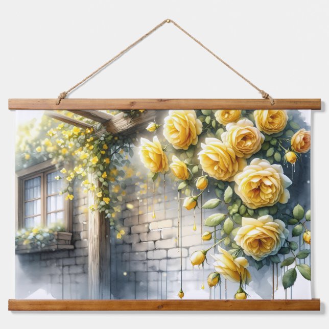 Goldene Rose auf der Rustikalen Steinmauer Hütte Wandteppich Mit Holzrahmen (Vorne)