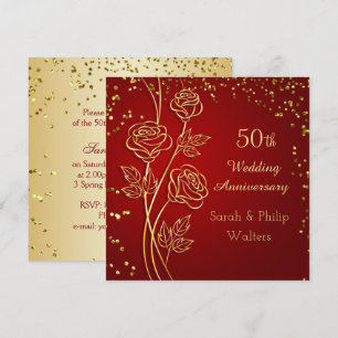 Goldene Rose auf Rot, Konfetti 50. Hochzeitstag Einladung