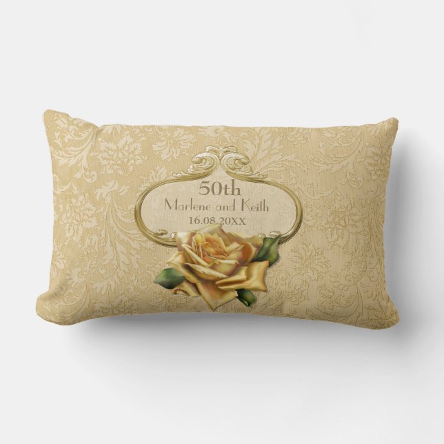 Goldene Rose Damask 50. Hochzeitspilze Lendenkissen (Vorderseite)