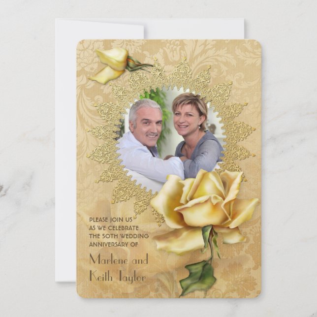 Goldene Rose Damask 50. Hochzeitstag Einladung (Vorderseite)