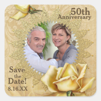 Goldene Rose Damask 50. Hochzeitstag Quadratischer Aufkleber