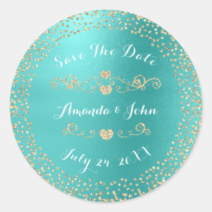 Goldene Rose Glitter Save the Date Mint Ozean Aqua Runder Aufkleber
