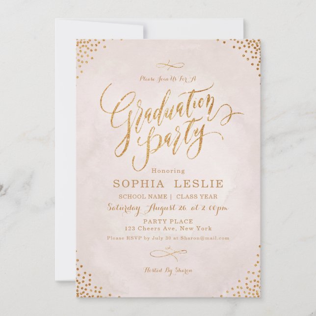 Goldene Rose-Goldkalligraphie-Graduierungsparty Einladung (Vorderseite)