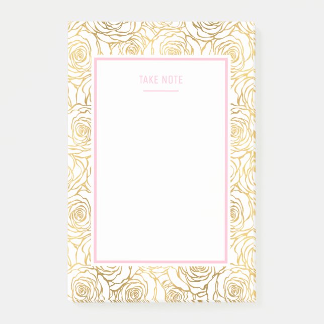 Goldene Rose mit Rosa Post-it Klebezettel (Vorderseite)