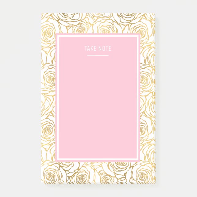 Goldene Rose mit Rosa Post-it Klebezettel (Vorderseite)