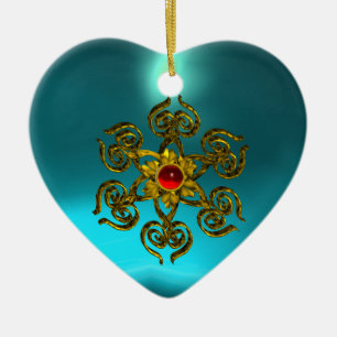 GOLDENE ROSE RUBY, blaues Aquamarine, Lila rosa Keramikornament