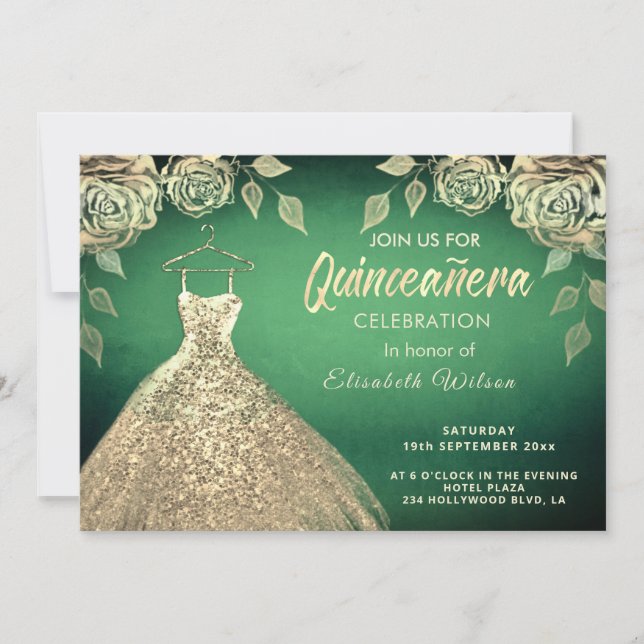 Goldene Rose sequenzieren Goldkleid Quinceañera Gr Einladung (Vorderseite)