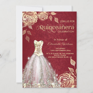 Goldene Rose, trendige Kleidung Quinceañera Einladung
