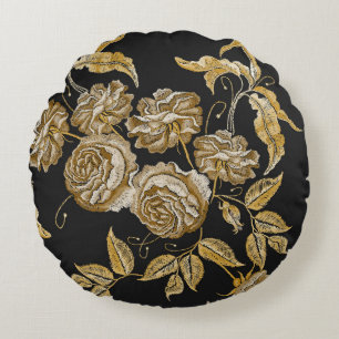 Goldene Rose: Vintages Stickereimuster Rundes Kissen