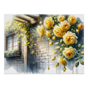 Goldene Rosen an der Wand eines rustikalen Stein C Poster