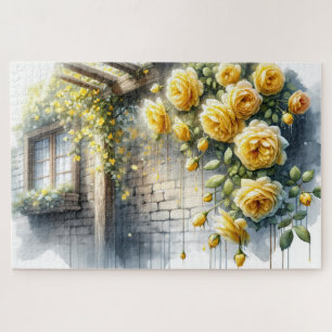 Goldene Rosen an der Wand eines rustikalen Steinco Puzzle