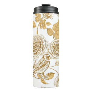 Goldene Rosen, Blumen, Blätter und Beeren des Hund Thermosbecher