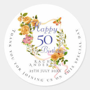 Goldene Rosen-Schleife 50. Geburtstag Runder Aufkleber