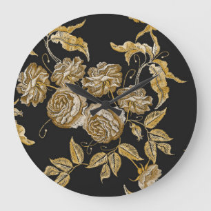 Goldene Rosen: Vintage Stickereimuster Große Wanduhr
