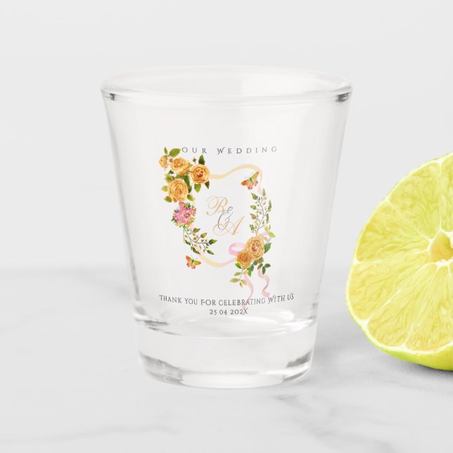 Goldene Rosenband-Monogramm-Hochzeit  Schnapsglas (Vorderseite)