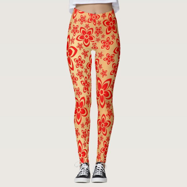 Goldene Rote Blumenkunst Leggings (Vorderseite)