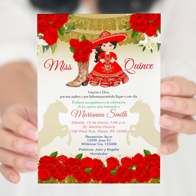 Goldene rote Charro-Quinceañera-Einladung Einladung (Von Creator hochgeladen)