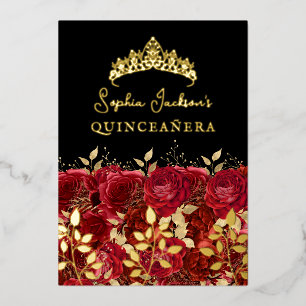 Goldene rote florale Rosenblatt-Quinceanera Folieneinladung