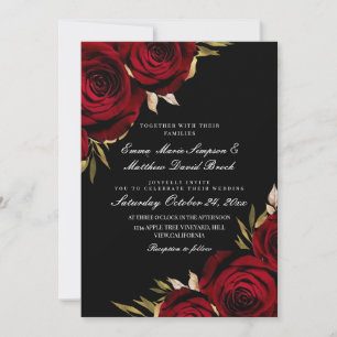 Goldene rote Rose Schwarze florale Hochzeit Einladung