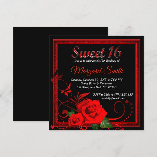 Goldene rote Rose süß 16 Einladung v2 (Vorne/Hinten)
