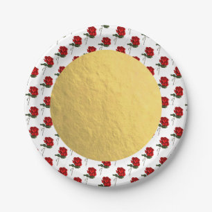 Goldene rote Rosen Elegante Blumen Hochzeitsfeier Pappteller
