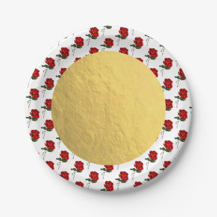 Goldene Rote Rosen Rose Elegante Blumenfeier Pappteller