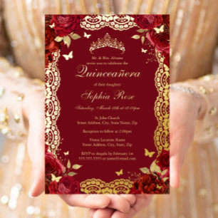 Goldene rote Rosen-Schmetterling-Quinceanera-Gebur Folieneinladung