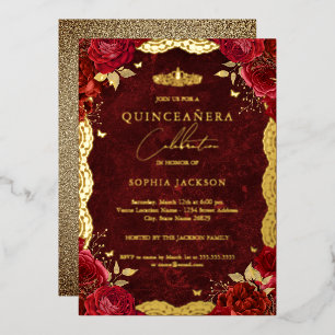 Goldene rote Rosen-Spitze-Quinceanera-Geburtstag Folieneinladung