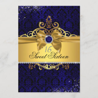 Goldene Royalblaue Damast-Sweet-Sixteen-Einladung Einladung
