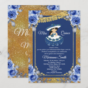 Goldene Royalblaue Rosen Quinceañera  Einladung