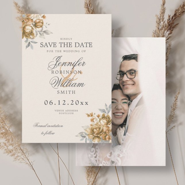 Goldene rustikale Blumen-Hochzeit Foto Save-the-Da Save The Date (Wedding Gold Rustic Floral Photo Save Date Save The Date)