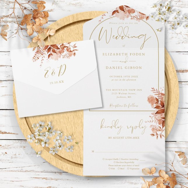 Goldene Rustikale Herbsthochzeit All In One Einladung (Gold Arch Rustic Autumn Fall Floral Wedding All In One Invitation)