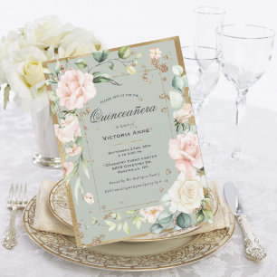 Goldene Sage Grün Elegant Blumengestein Quinceñera Einladung
