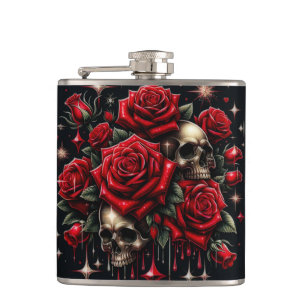 Goldene Schädel und rote Rosen funkeln Gothic Glam Flachmann