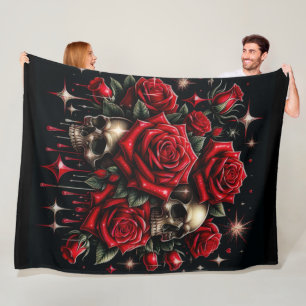 Goldene Schädel und rote Rosen funkeln Gothic-Glam Fleecedecke