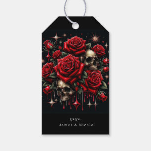 Goldene Schädel und rote Rosen funkeln Gothic Glam Geschenkanhänger