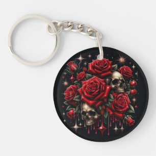 Goldene Schädel und rote Rosen funkeln Gothic-Glam Schlüsselanhänger