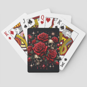 Goldene Schädel und rote Rosen funkeln gothic Glam Spielkarten