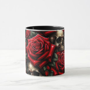 Goldene Schädel und rote Rosen funkeln Gothic Glam Tasse