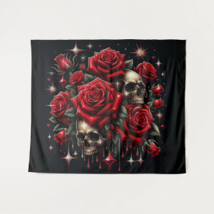 Goldene Schädel und rote Rosen funkeln Gothic-Glam Wandteppich