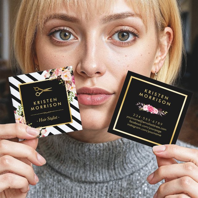 Goldene Schere Blume Friseur Stylist Schönheitssal Quadratische Visitenkarte (Von Creator hochgeladen)