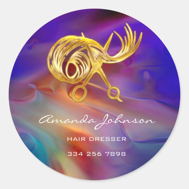Goldene Schere Logo-Haartrockner Stylist Blau Runder Aufkleber (Vorderseite)