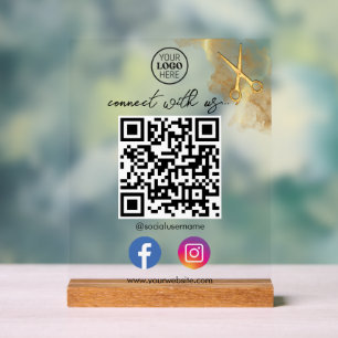 Goldene Schere Metall Visitenkarte mit QR-Code Acrylschild
